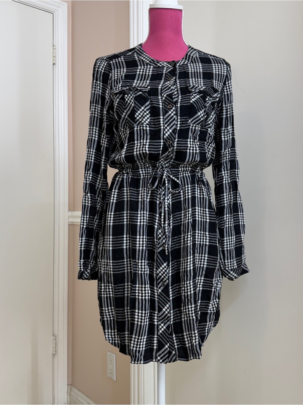 Lucky Brand Womens Medium Black White Plaid Shirt Dress Long Sleeve Tie Waist